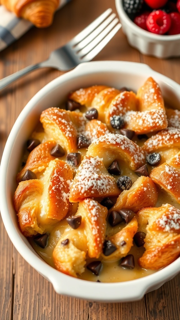 A delicious croissant bread pudding topped with powdered sugar and chocolate chips, served with fresh berries on a rustic table.